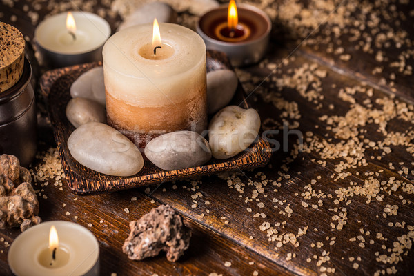 [[stock_photo]]: Aromathérapie · bougies · sombre · bois · bois · santé