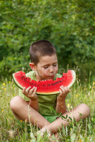 Foto d'archivio: Ragazzo · mangiare · anguria · piccolo · erba · ora · legale