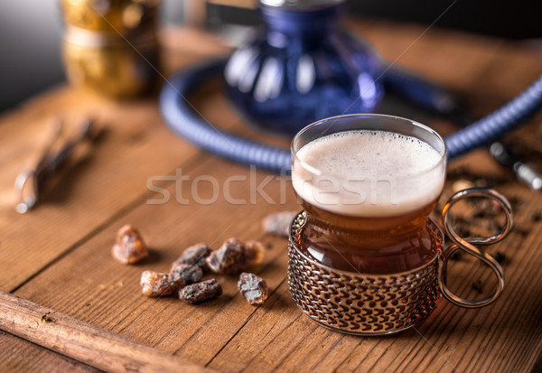 杯 茶 木桌 水 背景 商業照片 © grafvision