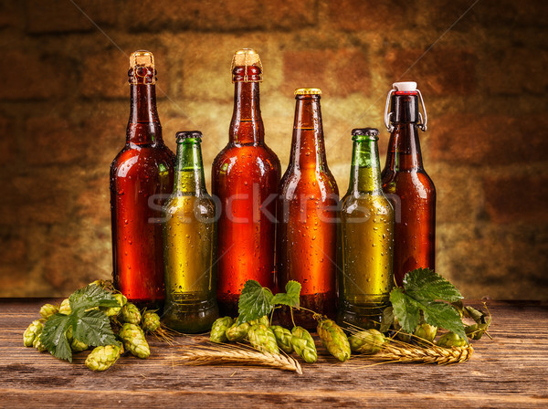 Fagyos üvegek sör fa deszka ital búza Stock fotó © grafvision
