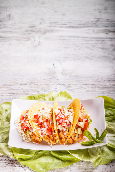 Tacos frango tomates salsa mexicano prato Foto stock © grafvision