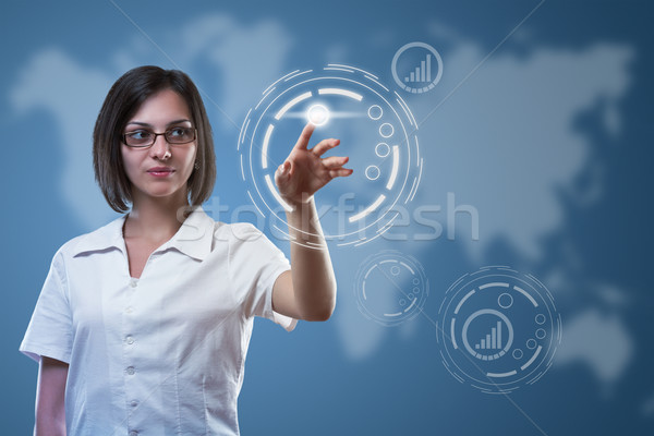 Alta tecnologia donna d'affari punta sensore schermo donna Foto d'archivio © grafvision