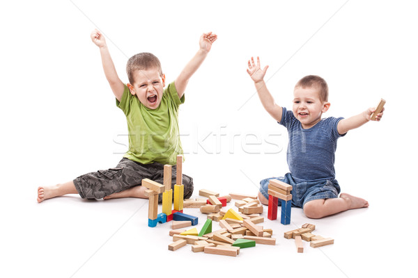 Stock foto: Jungen · spielen · Blöcke · glücklich · isoliert · weiß