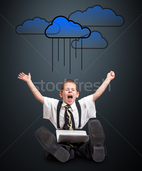 Fiú túlméretezett ruházat laptop felhő alapú technológia üzlet Stock fotó © grafvision