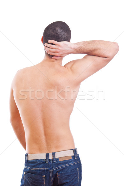 頸部疼痛 年輕人 孤立 白 手 身體 商業照片 © grafvision