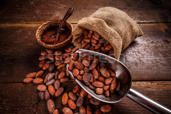 Still-Leben Kakaobohnen Holz Schokolade Jahrgang Saatgut Stock foto © grafvision