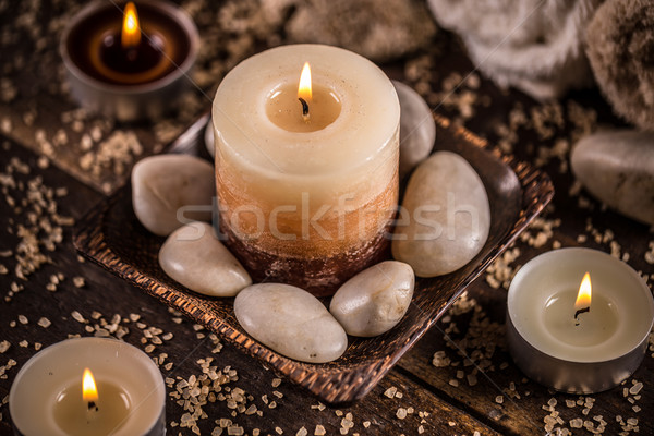 [[stock_photo]]: Pierres · aromatique · bougies · table · feu · santé