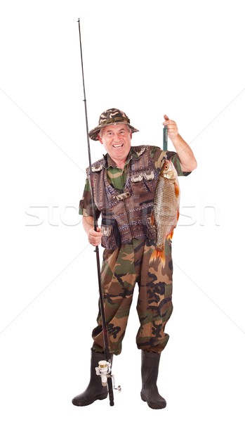 Idős halász zsákmány izolált fehér férfi Stock fotó © grafvision