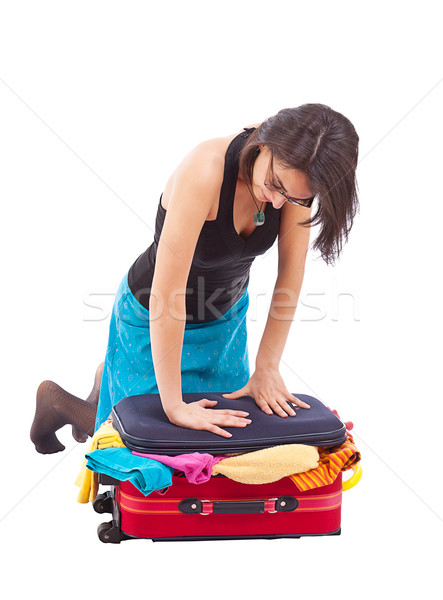 Frau Sitzung Gepäck schließen isoliert weiß Stock foto © grafvision