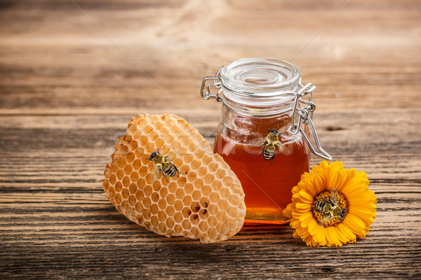 Stock fotó: Méz · méhsejt · virág · üveg · háttér · édes
