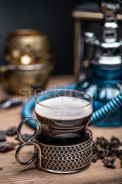 杯 茶 木桌 背景 金屬 商業照片 © grafvision