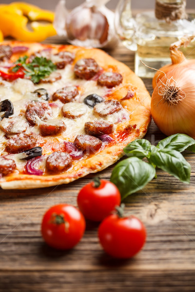 Stockfoto: Peperoni · pizza · rustiek · houten · tafel · tabel · vlees