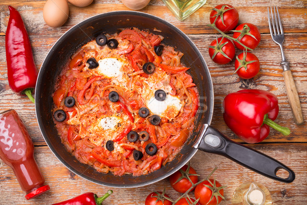 Pomidory jaj żeliwo pan drewna tabeli Zdjęcia stock © grafvision