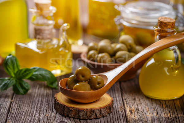 Stock photo: Green olives and olive oil