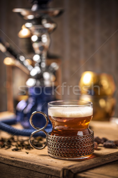 杯 茶 木桌 背景 金屬 商業照片 © grafvision