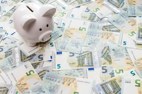 Piggy bank surrounded by five Euro notes Stock photo © Grazvydas