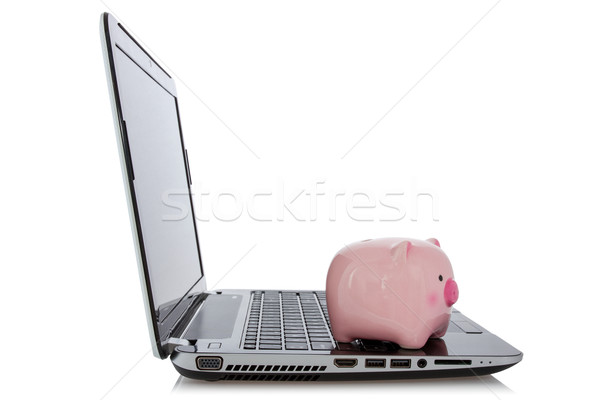 онлайн экономия Piggy Bank сидят ноутбука белый Сток-фото © Grazvydas