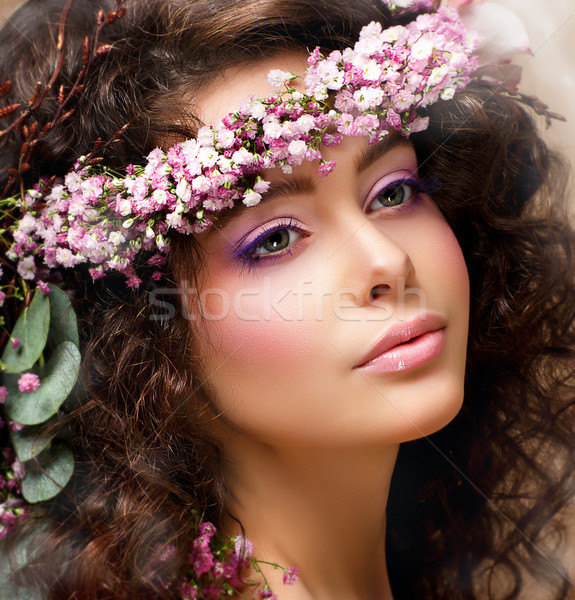 Closeup Portrait of Pretty Woman with Wreath of Pink Flowers. Natural Beauty Stock photo © gromovataya