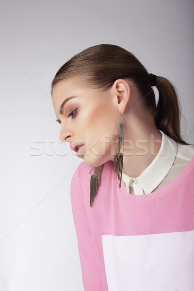 Sentymentalny kobieta różowy bluzka dziewczyna Zdjęcia stock © gromovataya