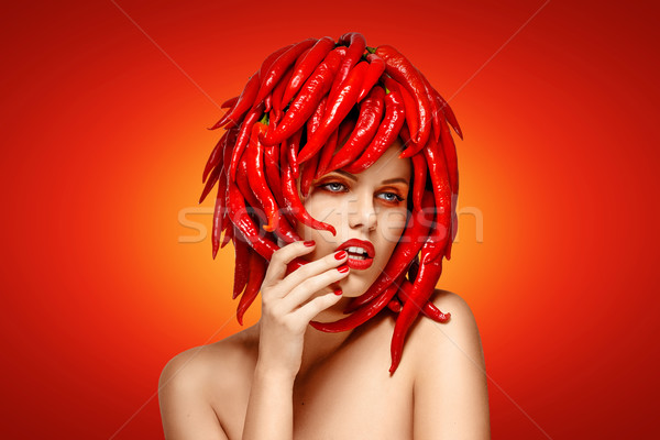 Masquerade. Fashionable Woman with Creative Hairdo - Red Chili Pepper Stock photo © gromovataya