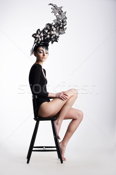 Pompás nő szürreális fémes fejviselet arc Stock fotó © gromovataya