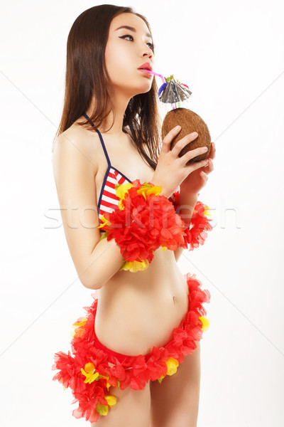 Lifestyle. Refreshment. Glamorous Woman in Bikini with Soft Drinks - Exotic Cocktail Stock photo © gromovataya