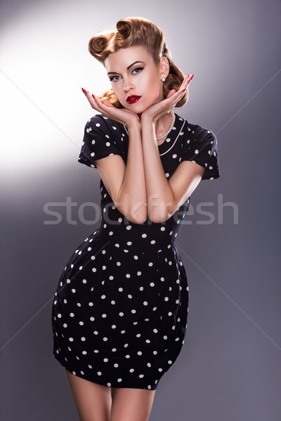 Stilizált retro nő kék pötty ruha Stock fotó © gromovataya