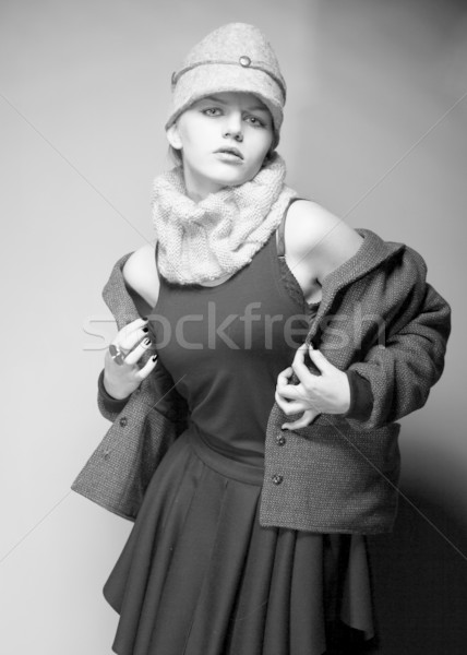 Fashionable Woman Dresser in Retro Coat - Black and White Stock photo © gromovataya