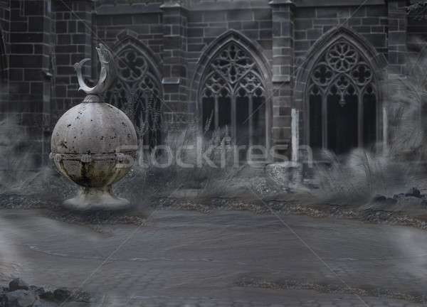Horror. Medieval Mystic Spooky Castle with Archway in Dusk. Desolation in Mist Stock photo © gromovataya