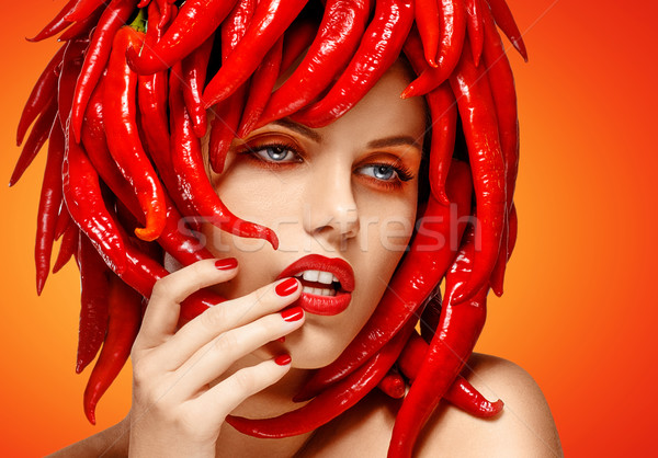 Pompás gyönyörű nő arc közelkép portré piros paprika Stock fotó © gromovataya