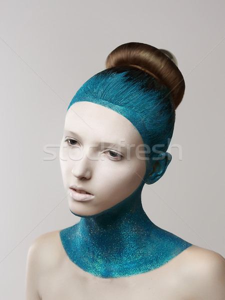  Expression. Fantasy. Eccentric Woman with Blue Painted Skin and Hair. Coloring Stock photo © gromovataya