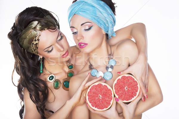 Expressivo mulheres laranja toranja comida Foto stock © gromovataya