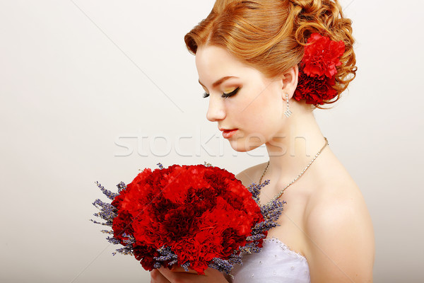 Mildness. Profile of Calm Woman with Red Bouquet of Flowers. Tranquility & Gentleness Stock photo © gromovataya