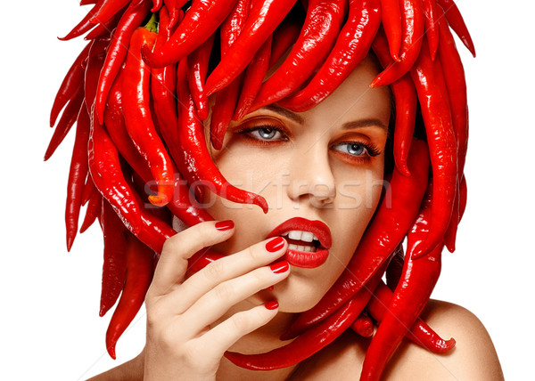 Glassy Sensual Woman with Trendy Head Wear - Paprika Chili Pepper. Creativity Stock photo © gromovataya