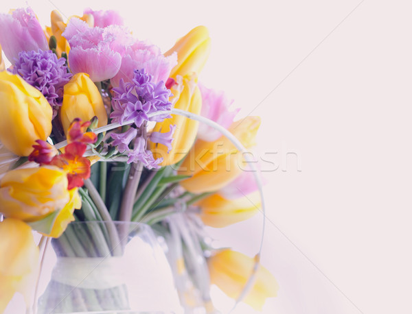 Greeting Card. Bouquet of Colorful Mixed Flowers - Tulips in a Vase. Floristics Stock photo © gromovataya