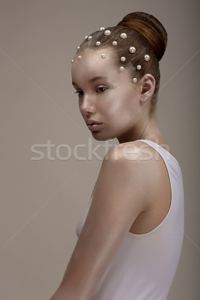 Fashionable Woman in White Singlet. Gold - Bronze Make-up Stock photo © gromovataya