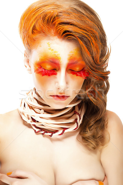 Fiery Stylized Woman with Closed Eyes. Red False Lashes. Creative Make up Stock photo © gromovataya