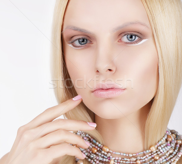 átgondolt szőke nő megérint arc nő divat Stock fotó © gromovataya