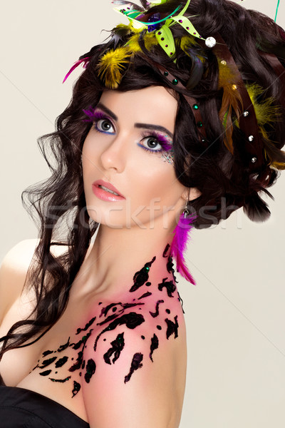 Futuristic luxury hairdo. Bright makeup and tattoo. Beauty Stock photo © gromovataya