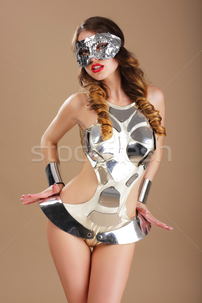 Különc nő kozmikus maszk jelmez divat Stock fotó © gromovataya