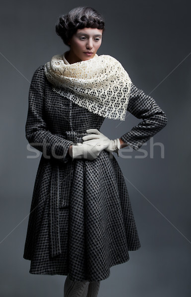Divat modell retro ruházat fehér kesztyű Stock fotó © gromovataya