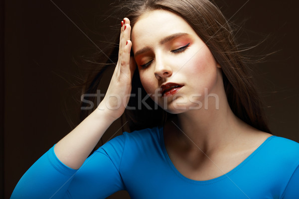 Stockfoto: Nood · ontdaan · moe · vrouw · aanraken · voorhoofd