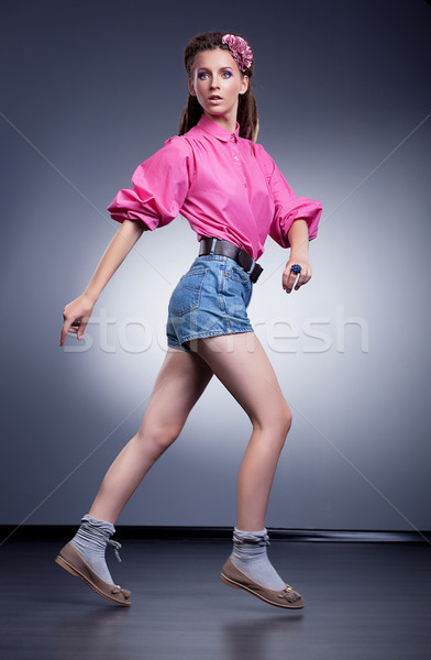 Shopping woman. Happy female in denim jeans shorts Stock photo © gromovataya
