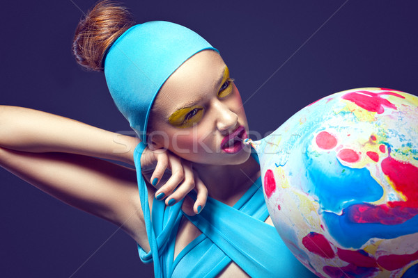 Grotesque. Eccentric Woman with Fancy Stagy Makeup and Air Balloon Stock photo © gromovataya