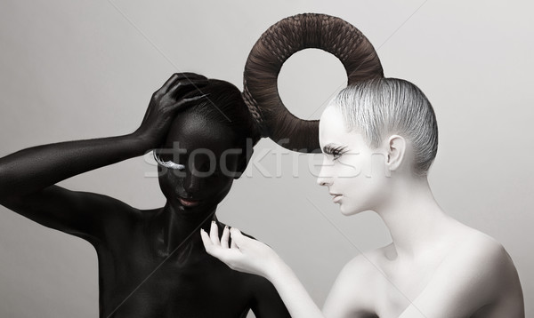 Ying & Yang Symbol. East Culture. Women Painted Body in Black & White Stock photo © gromovataya