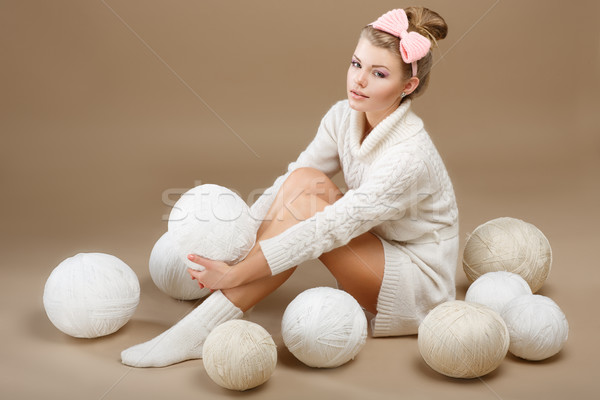  Crochet. Beautiful Needlewoman Sitting with Pile of White Skeins of Yarn. Needlecraft Stock photo © gromovataya