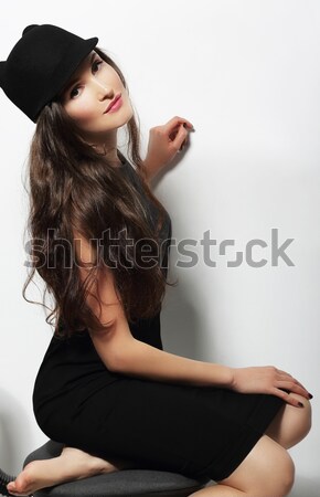 Autentikus nő fekete ruha gyapjú sapka boldog Stock fotó © gromovataya