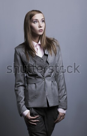 модный моде модель позируют серый костюм Сток-фото © gromovataya