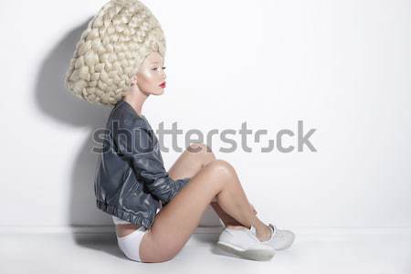 Glam. Exceptional Hair-do. Artistic Woman with Plaited White Art Wig Stock photo © gromovataya