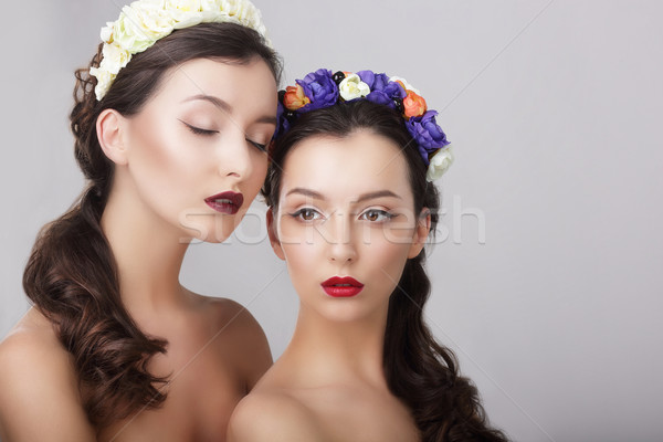 Sentiment. Glamor. Gorgeous Women in Wreaths of Flowers Stock photo © gromovataya